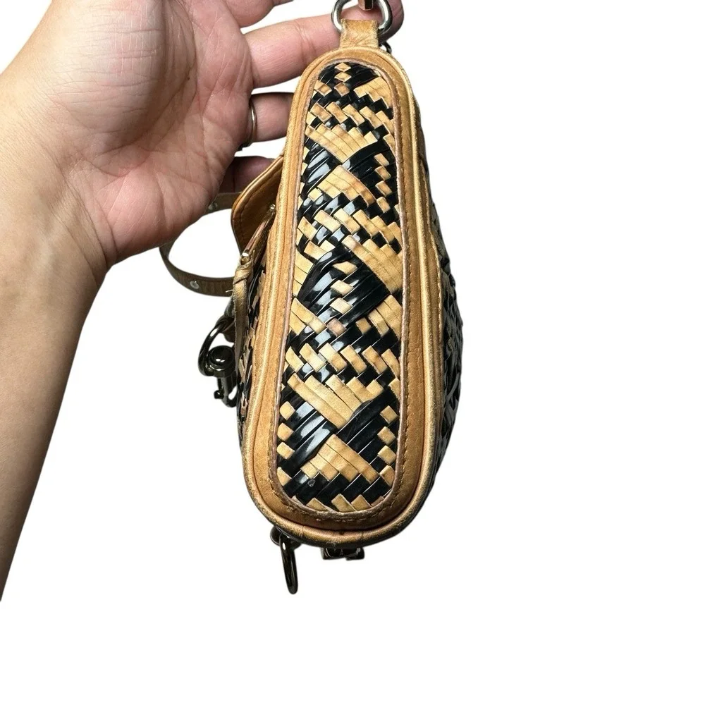 Rebecca Minkoff MAC Woven‎ Leather Crossbody Tan Black Chain Strap Shoulder Bag